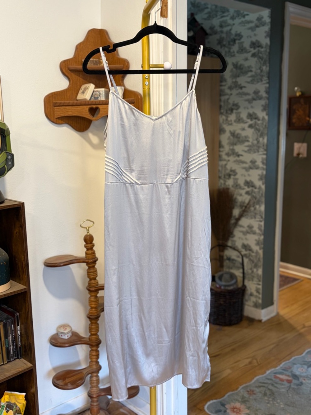 Feather Bone Silver Silk Slip Chemise with Pleated Waist Detail